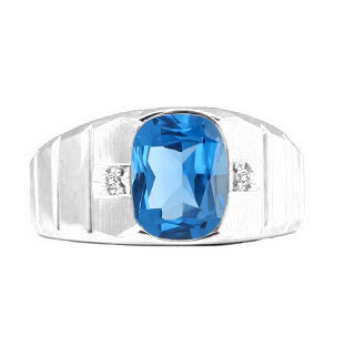 Men's White Gold Diamond Antique Cushion Cut London Blue Topaz Ring