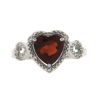 Diamond Heart Shaped Garnet Birthstone Sterling Silver Ring