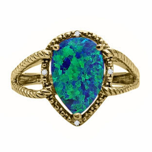 Diamond Pear Shaped Australian Opal Gemstone Yellow Gold Ring