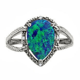 Diamond Pear Shaped Australian Opal Gemstone White Gold Ring