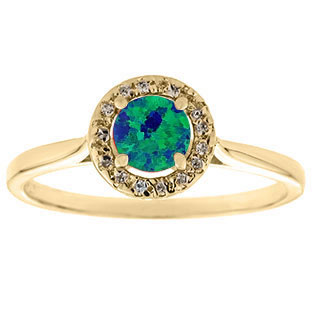 Halo Jewelry - Australian Opal Birthstone Diamond Halo Ring In Yellow Gold