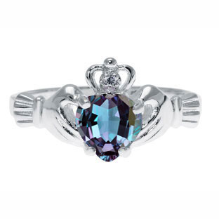 White Gold Diamond Alexandrite June Birthstone Heart Irish Claddagh Ring