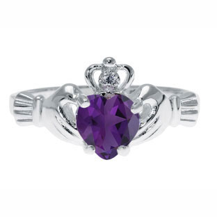White Gold Diamond Amethyst February Birthstone Heart Irish Claddagh Ring
