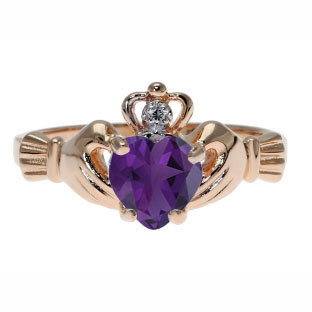 Rose Gold Diamond Amethyst February Birthstone Heart Irish Claddagh Ring