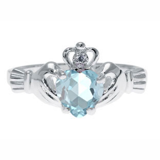 White Gold Diamond Aquamarine March Birthstone Heart Irish Claddagh Ring