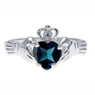 Sterling Silver Diamond London Topaz December Stone Heart Irish Claddagh Ring