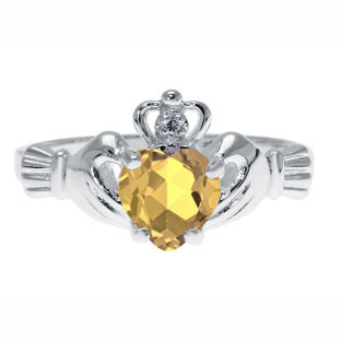 White Gold Diamond Citrine November Birthstone Heart Irish Claddagh Ring