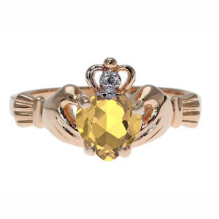 Rose Gold Diamond Citrine November Birthstone Heart Irish Claddagh Ring