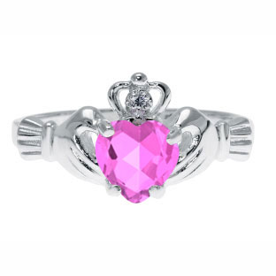 Sterling Silver Diamond Pink Sapphire June Birthstone Heart Irish Claddagh Ring