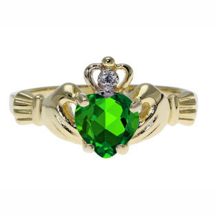 Yellow Gold Diamond Emerald May Birthstone Heart Irish Claddagh Ring
