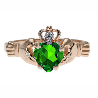 Rose Gold Diamond Emerald May Birthstone Heart Irish Claddagh Ring