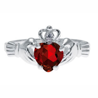 White Gold Diamond Garnet January Birthstone Heart Irish Claddagh Ring