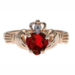 Rose Gold Diamond Garnet January Birthstone Heart Irish Claddagh Ring