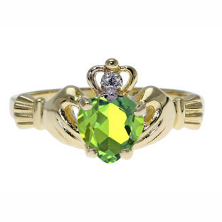 Yellow Gold Diamond Peridot August Birthstone Heart Irish Claddagh Ring