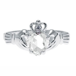White Gold Diamond CZ April Birthstone Heart Irish Claddagh Ring
