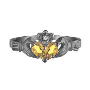 Black Rhodium White Gold Diamond Yellow November Citrine Gemstone Claddagh Ring