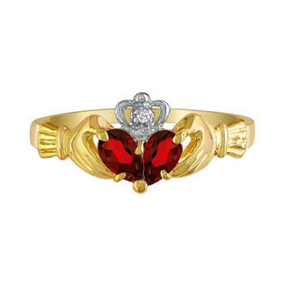 Yellow Gold Diamond Red January Birthstone Garnet Gemstone Claddagh Ring