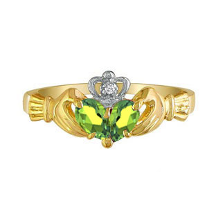 Yellow Gold Diamond Green August Birthstone Peridot Gemstone Claddagh Ring