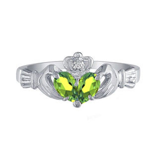 925 Silver Diamond Green August Birthstone Peridot Gemstone Claddagh Ring