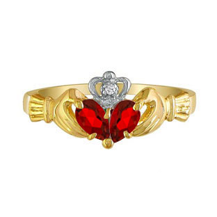 Yellow Gold Diamond Red July Birthstone Ruby Gemstone Claddagh Ring