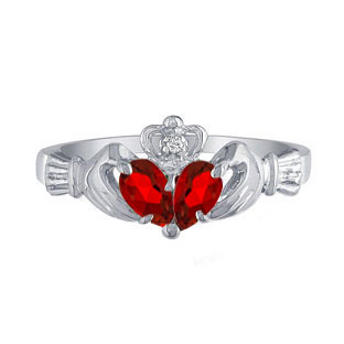 925 Silver Diamond Red July Birthstone Ruby Gemstone Claddagh Ring