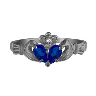 Black Rhodium White Gold Diamond Blue September Sapphire Gemstone Claddagh Ring