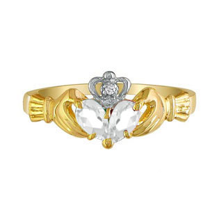 Yellow Gold Diamond White April Birthstone Topaz Gemstone Claddagh Ring