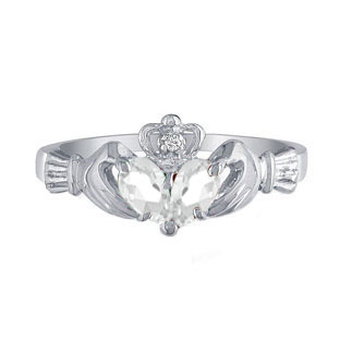 925 Silver Diamond White April Birthstone Topaz Gemstone Claddagh Ring