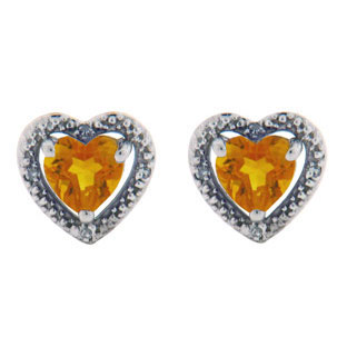 Diamond Heart Shaped Citrine Birthstone Sterling Silver Earrings