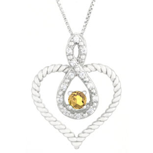Diamond Yellow Sapphire September Birthstone Heart Infinity Pendant In Silver