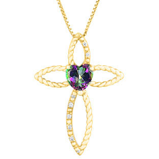 Diamond Birthstone Mystic Fire Topaz Heart Cross Pendant In Yellow Gold