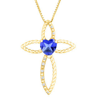 Diamond December Birthstone Tanzanite Heart Cross Pendant In Yellow Gold