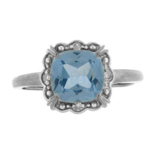 Diamond Cushion-Cut Aquamarine Birthstone Sterling Silver Ring