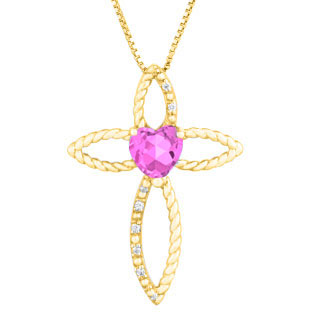 Diamond June Birthstone Pink Sapphire Heart Cross Pendant In Yellow Gold