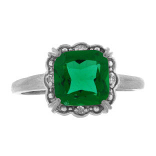 Diamond Cushion-Cut Emerald Birthstone Sterling Silver Ring