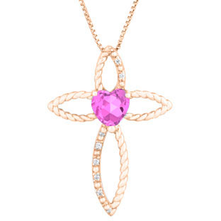 Diamond June Birthstone Pink Sapphire Heart Cross Pendant In Rose Gold
