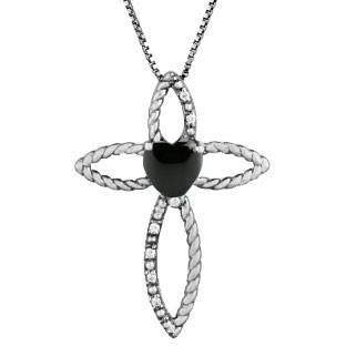 Diamond Birthstone Black Onyx Heart Cross Pendant In Black Rhodium White Gold