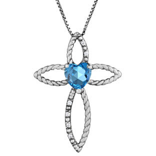 Diamond Birthstone Blue Topaz Heart Cross Pendant In Black Rhodium White Gold