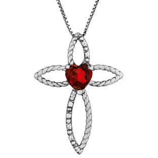Diamond Birthstone Garnet Heart Cross Pendant In Black Rhodium White Gold