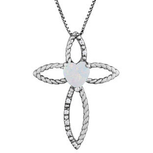 Diamond Birthstone Opal Heart Cross Pendant In Black Rhodium White Gold