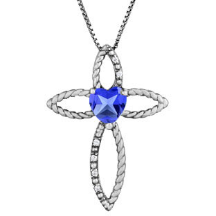 Diamond Birthstone Tanzanite Heart Cross Pendant In Black Rhodium White Gold