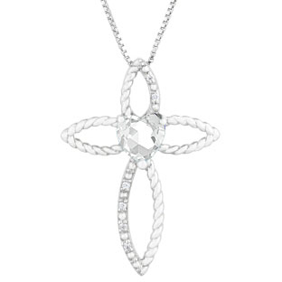 Diamond April Birthstone CZ Heart Cross Pendant In Sterling Silver