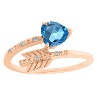 Diamond Blue Topaz December Birthstone Heart Arrow Ring In Rose Gold