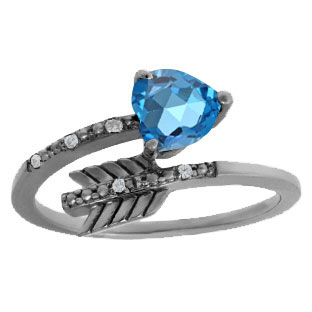 Diamond Blue Topaz December Birthstone Heart Arrow Ring Black Rhodium White Gold