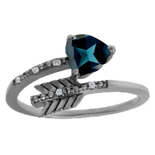 Diamond London Topaz December Birthstone Heart Arrow Ring Black Rhod White Gold