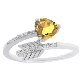 Diamond Citrine November Birthstone Heart Arrow Ring In Sterling Silver