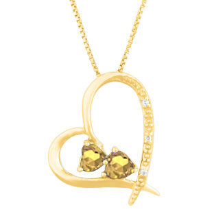 Diamond 2-Stone Citrine November Birthstone Heart Pendant In Yellow Gold