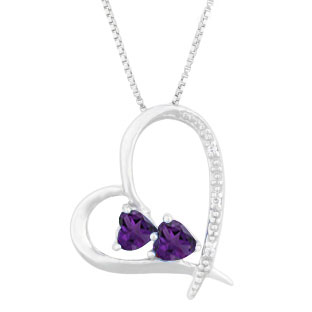 Diamond 2-Stone Amethyst February Birthstone Heart Pendant In White Gold