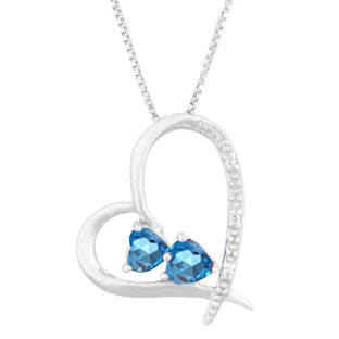 Diamond 2-Stone Blue Topaz December Birthstone Heart Pendant In White Gold