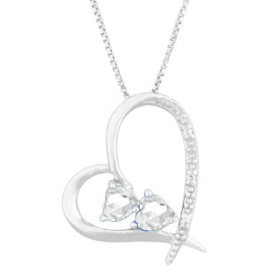 Diamond 2-Stone White Topaz April Birthstone Heart Pendant In White Gold